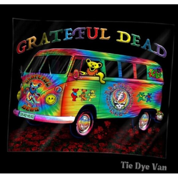 New Tie Dye Grateful Dead Van Bus Plush Throw Gift Blanket Dancing Bears Hippie - Picture 1 of 4